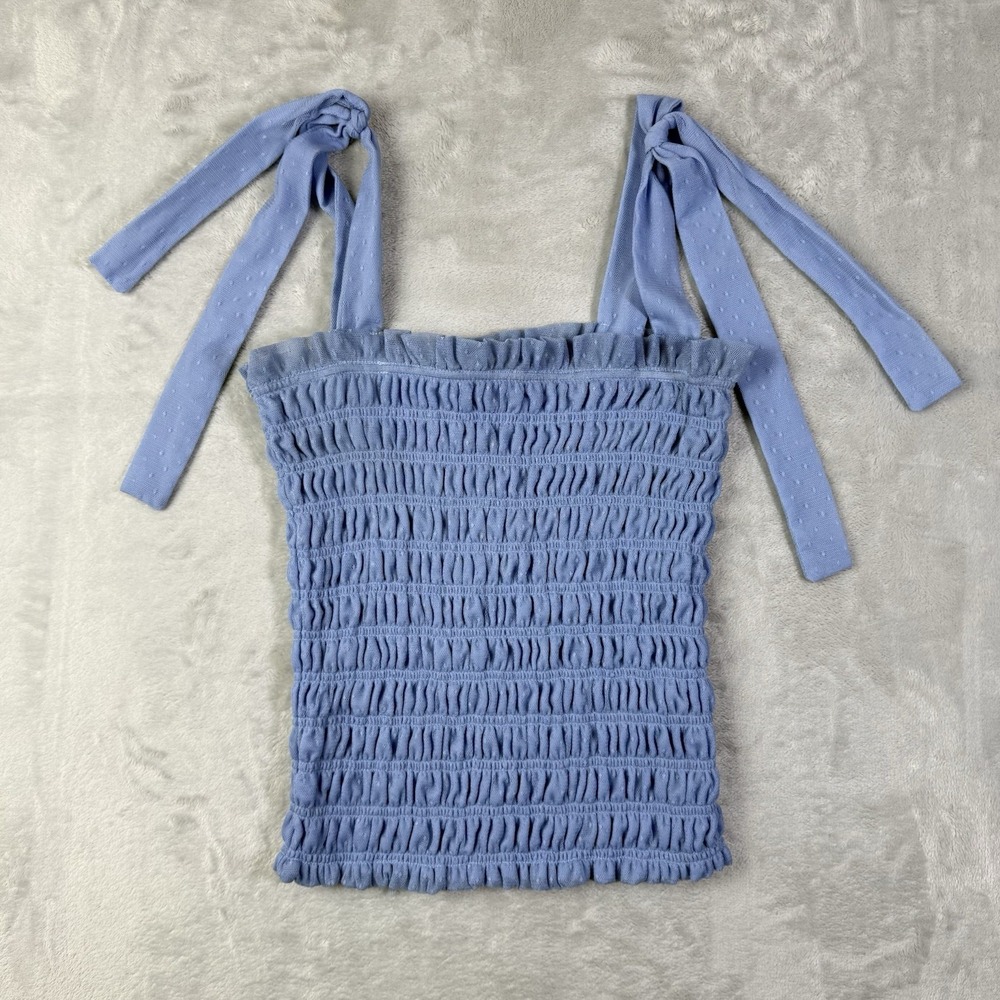 Anthropologie Smocked Square Neck Top Size Small Bow Straps Blue Concert Spring